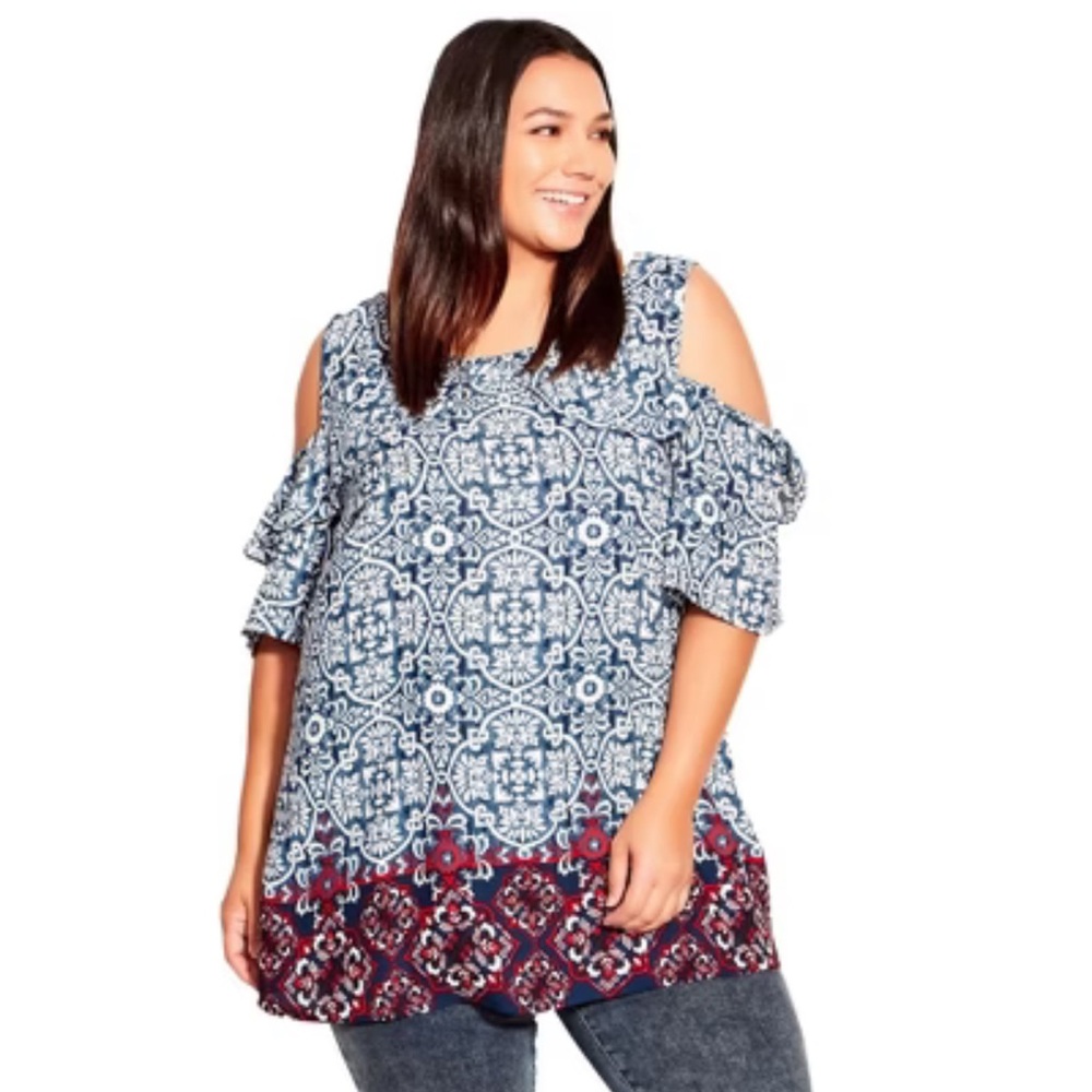 Avenue Blue and Red Patterned Cold Shoulder Flutter Short Sleeve Tunic 22/24 NWT